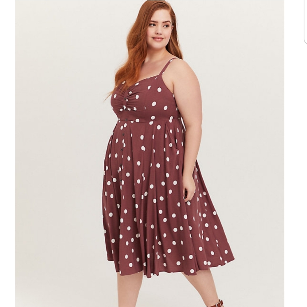 Torrid Midi Chalis Walnut Polka Dot Dress - Picture 1 of 5